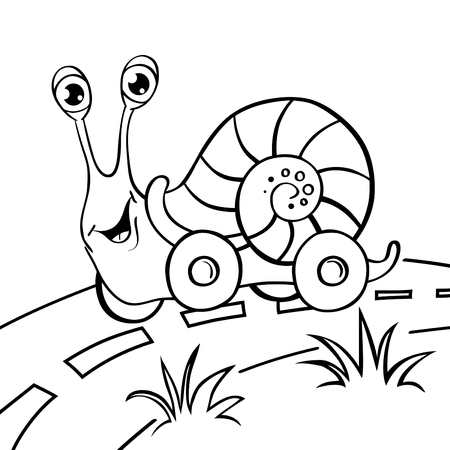 Cartoon snail on wheels. Black and white illustration for coloring bookのイラスト素材