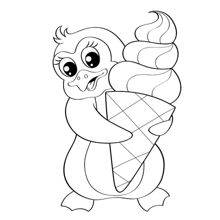 Cartoon penguin with ice cream. Black and white vector illustration for coloring bookのイラスト素材
