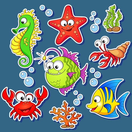 Stickers of cute cartoon sea animals