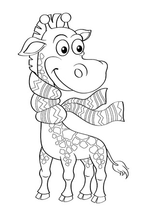 Funny cartoon giraffe with scarf. Black and white illustration for coloring bookのイラスト素材