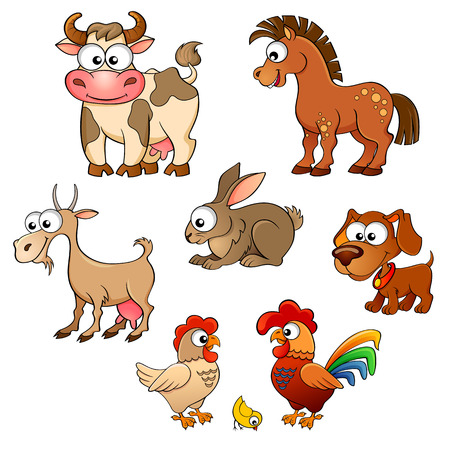 Set of cute cartoon farm animals. Horse, cow, goat, rabbit, dog, hen, cock and chickのイラスト素材