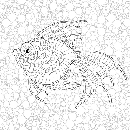 Golden fish. Adult antistress coloring page. Black and white doodle for coloring book Golden fish. Adult antistress coloring page. Black and white doodle for coloring book