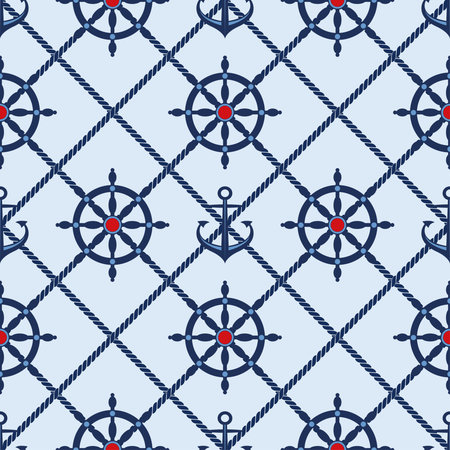 Classic marine seamless pattern with anchor and steering wheel. Sea and wave themeのイラスト素材