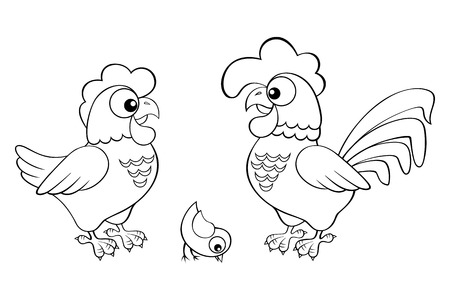Hen, cock and chick. Black and white vector illustration for coloring bookのイラスト素材