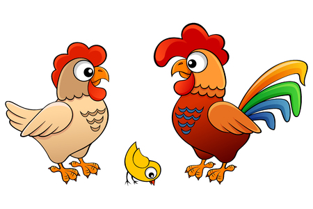 Hen, cock and chickのイラスト素材