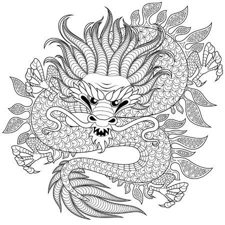 Chinese dragon in zentangle style for tatoo. Adult antistress coloring page. Black and white hand drawn doodle for coloring bookのイラスト素材