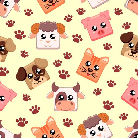 Seamless pattern with farm animals. Cow, cat, dog, pig, sheepのイラスト素材