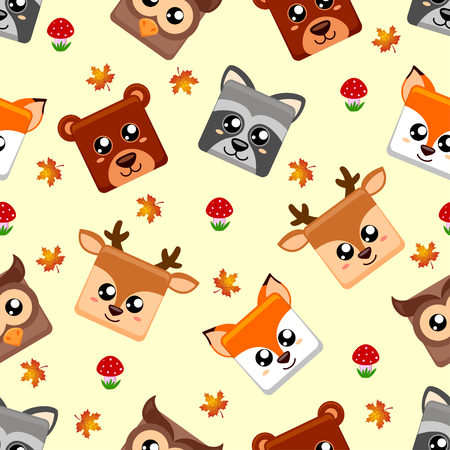Seamless pattern with forest animals. Fox, deer, owl, raccoon, bearのイラスト素材