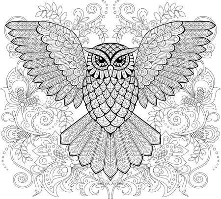 Flying owl and floral ornament in zentangle style. Adult antistress coloring page. Black and white hand drawn doodle for coloring bookのイラスト素材