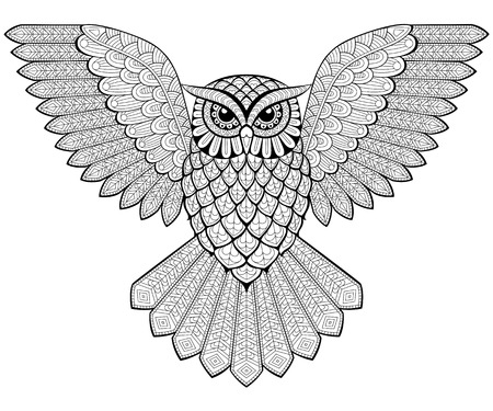 Flying owl in zentangle style. Adult antistress coloring page. Black and white hand drawn doodle for coloring bookのイラスト素材