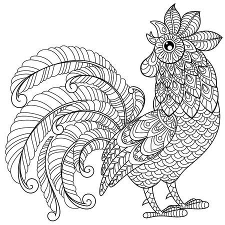 Rooster in zentangle style. Symbol of Chinese New Year 2017. Adult antistress coloring page. Black and white hand drawn doodle for coloring bookのイラスト素材