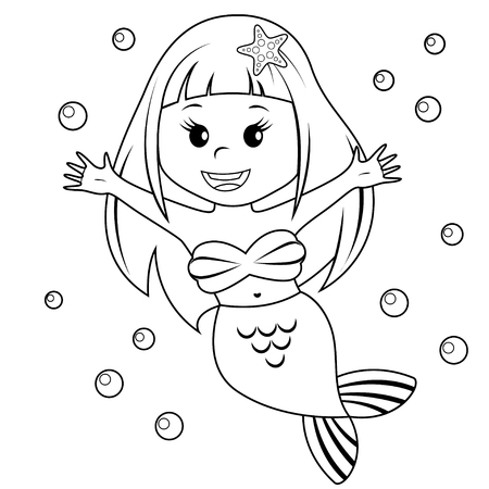 Cute little mermaid. Black and white vector illustration for coloring bookのイラスト素材