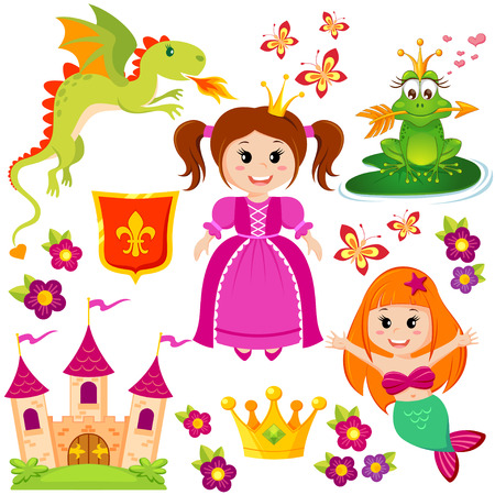 Cute little princess, mermaid, fairytale frog, castle, dragon, crown, shield, flowers and butterfliesのイラスト素材