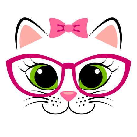 Cute white kitten with pink bow and glasses. Girlish print with kitty for t-shirtのイラスト素材