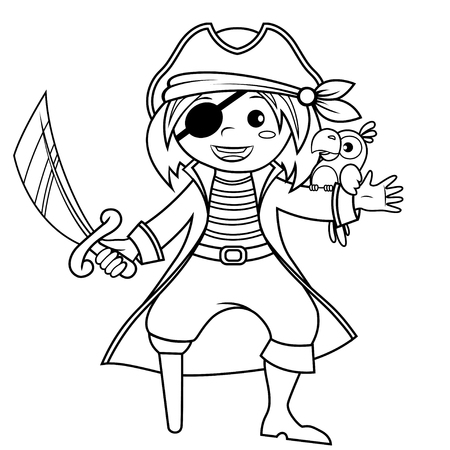Pirate with parrot. Black and white vector illustration for coloring bookのイラスト素材