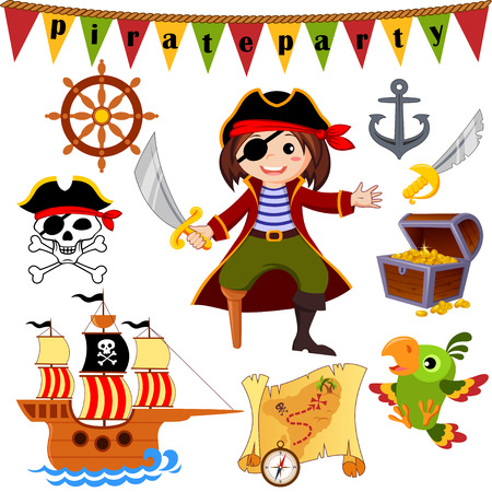 Pirate icon set, parrot, ship, saber, helm, treasure chest, anchor, jolly rogerのイラスト素材