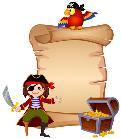 Pirate, parrot, treasure chest and template letterのイラスト素材