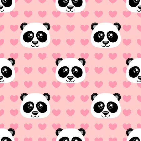 Seamless pattern with cute cartoon panda and heart on pink backgroundのイラスト素材
