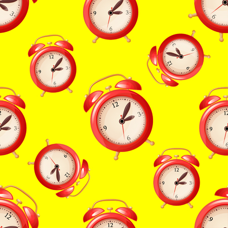 Seamless pattern with red alarm clock on yellow backgroundのイラスト素材