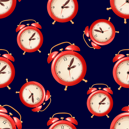 Seamless pattern with red alarm clock on blue backgroundのイラスト素材