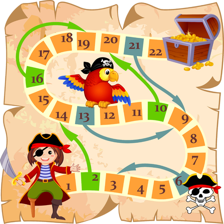 Board game with pirate, parrot, jolly roger and treasure chestのイラスト素材