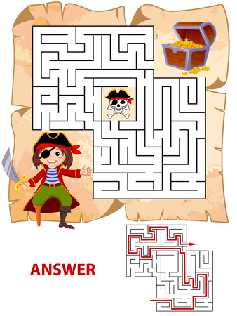 Help pirate find path to treasure chest. Labyrinth. Maze game for kidsのイラスト素材