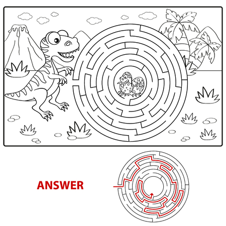 Help dinosaur find path to nest. Labyrinth. Maze game for kids. Coloring pageのイラスト素材