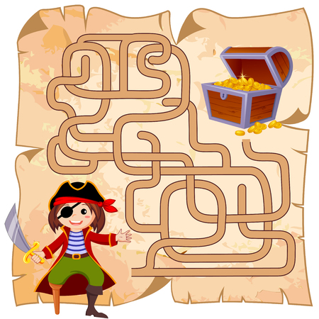 Help pirate find path to treasure chest. Labyrinth. Maze game for kidsのイラスト素材