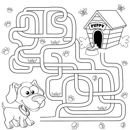 Help puppy find path to his house. Labyrinth. Maze game for kids. Black and white vector illustration for coloring bookのイラスト素材
