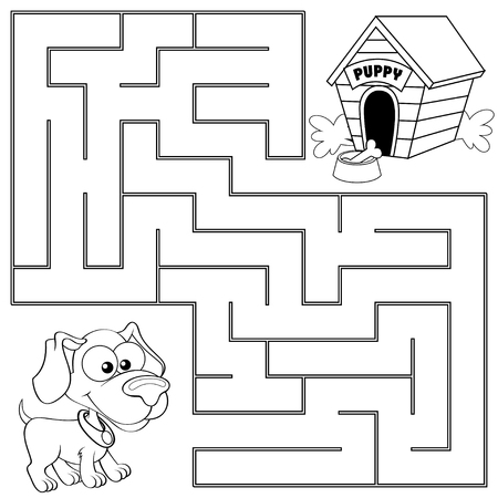 Help puppy find path to his house. Labyrinth. Maze game for kids. Black and white vector illustration for coloring bookのイラスト素材