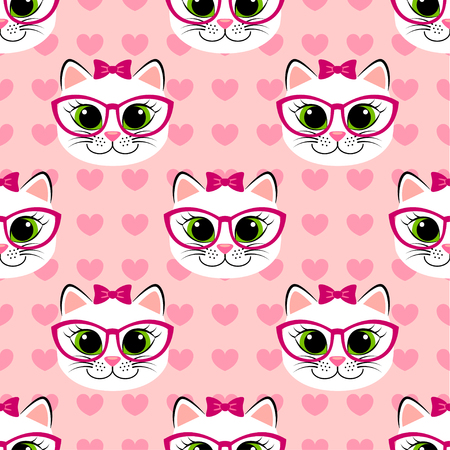 Seamless pattern with cute cartoon cat and heart on pink background. kitty printのイラスト素材