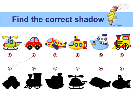 Find correct shadow. Kids educational game. Cartoon transport. Car, submarine, ship, plane, train, helicopterのイラスト素材