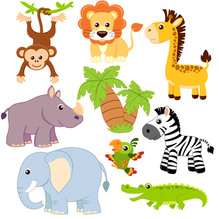 Jungle animals. Lion, elephant, giraffe, monkey, parrot, crocodile, zebra and rhinocerosのイラスト素材