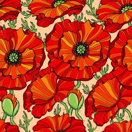 Seamless pattern with red poppy flowers. Floral backgroundのイラスト素材
