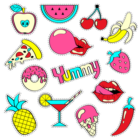 Girlish patch badges with banana, strawberry, watermelon, ice cream, cocktail, pineapple, bubble gum, lips, pizza, cherry. Stickers set. Yummy collectionのイラスト素材