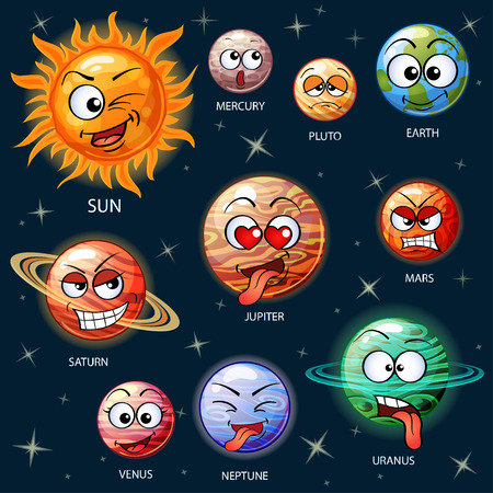 Cute cartoon planets of the solar system. Sun, Mercury, Venus, Earth, Mars, Jupiter, Saturn, Uranus, Neptune, Plutoのイラスト素材