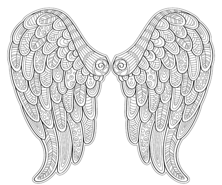 Angel wings in zentangle style for tatoo or t-shirt. Adult antistress coloring page.のイラスト素材