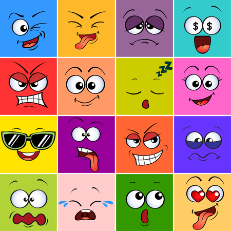 Cartoon monster face. Emoji. Cute emoticons. Square colorful avatarsのイラスト素材
