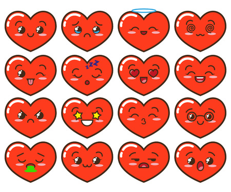 Emoji red hearts. Cute emoticons isolated on white backgroundのイラスト素材