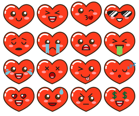 Emoji red hearts. Cute emoticons isolated on white backgroundのイラスト素材