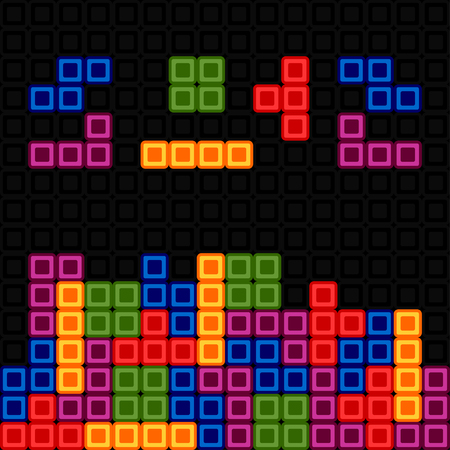 Tetris pieces. Brick retro game on dark background. Vector templateのイラスト素材