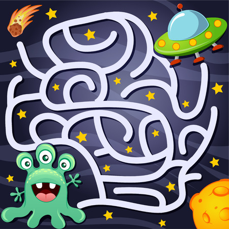 Help alien find path to UFO. Labyrinth. Maze game for kids