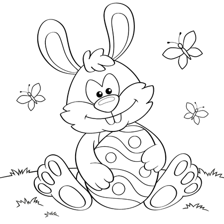 Easter Bunny with egg. Black and white vector illustration for coloring bookのイラスト素材