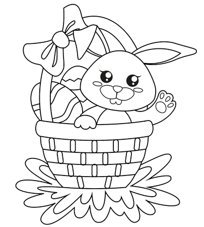 Happy Easter. Cute bunny sitting in basket with eggs. Black and white vector illustration for coloring bookのイラスト素材