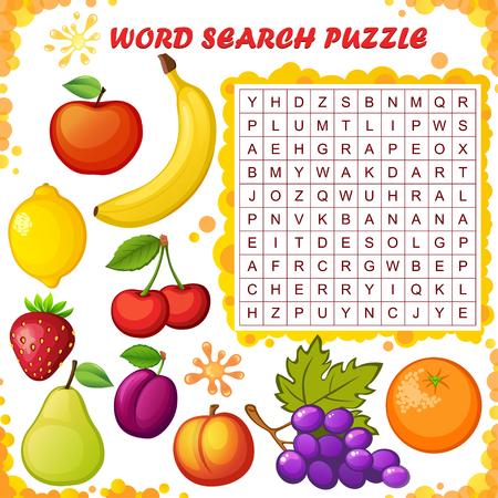 Word search puzzle. Vector education game for children. Cartoon fruits emoticonsのイラスト素材