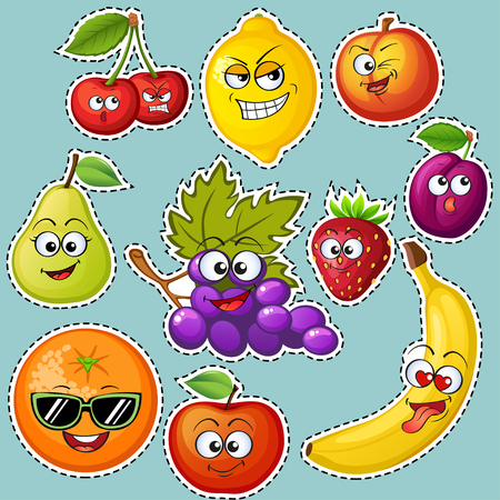 Cartoon fruit characters. Fruit emoticons. Stickers Grape, orange, apple, lemon, strawberry, peach, banana, plum, cherry, pearのイラスト素材