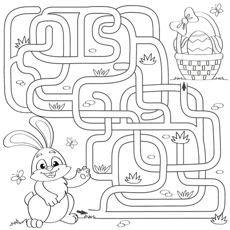 Help little bunny find path to easter basket with eggs. Labyrinth. Maze game for kids. Black and white vector illustration for coloring bookのイラスト素材