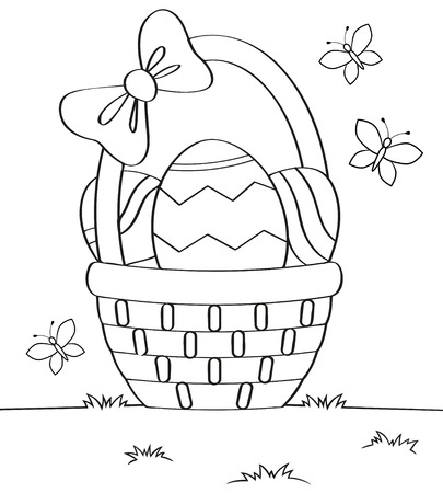 Basket with Easter eggs. Black and white vector illustration for coloring bookのイラスト素材