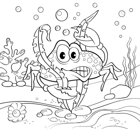 Cartoon crab. Underwater world. Black and white vector illustration for coloring bookのイラスト素材