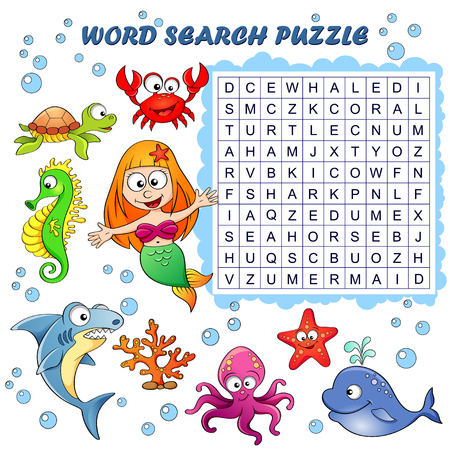 Word search puzzle. Vector education game for children. Sea animalsのイラスト素材
